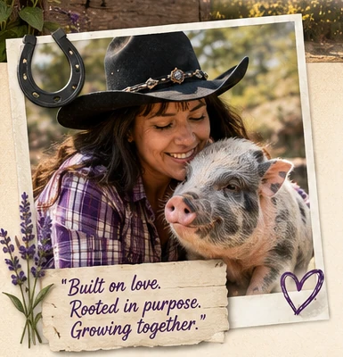 The ranch founder smiling while holding a pig