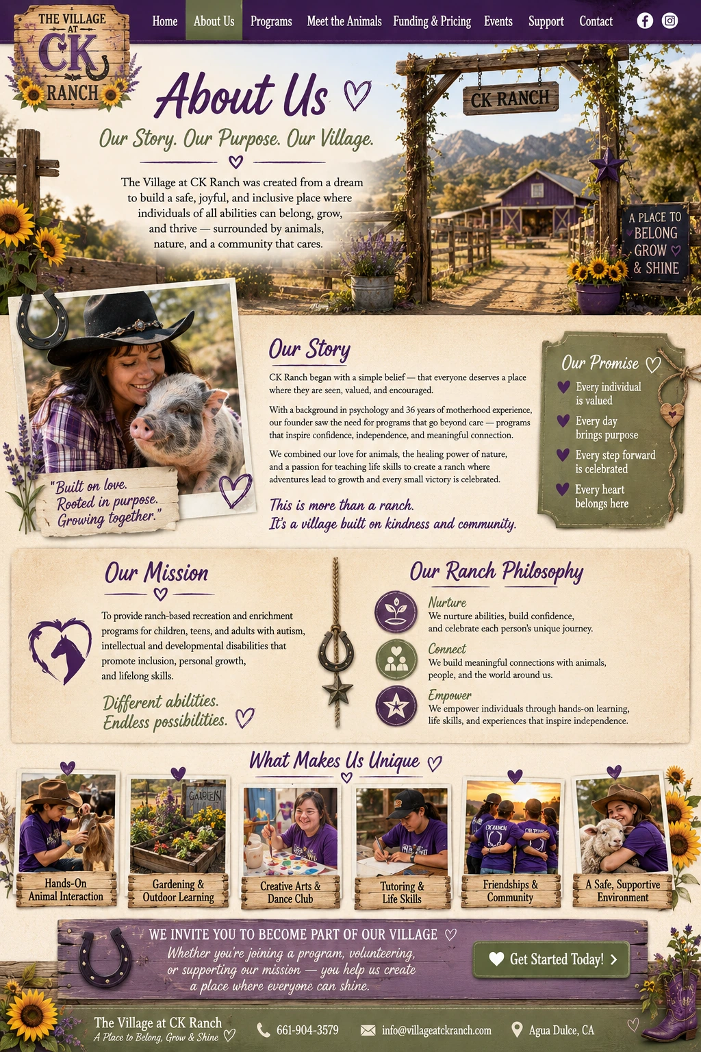 About The Village at CK Ranch, including its story, mission, promise, philosophy and community activities.