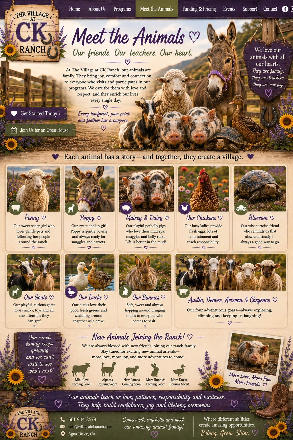 Meet the animals at The Village at CK Ranch, including Penny, Poppy, Maisey and Daisy, chickens, Blossom, goats, ducks and bunnies.