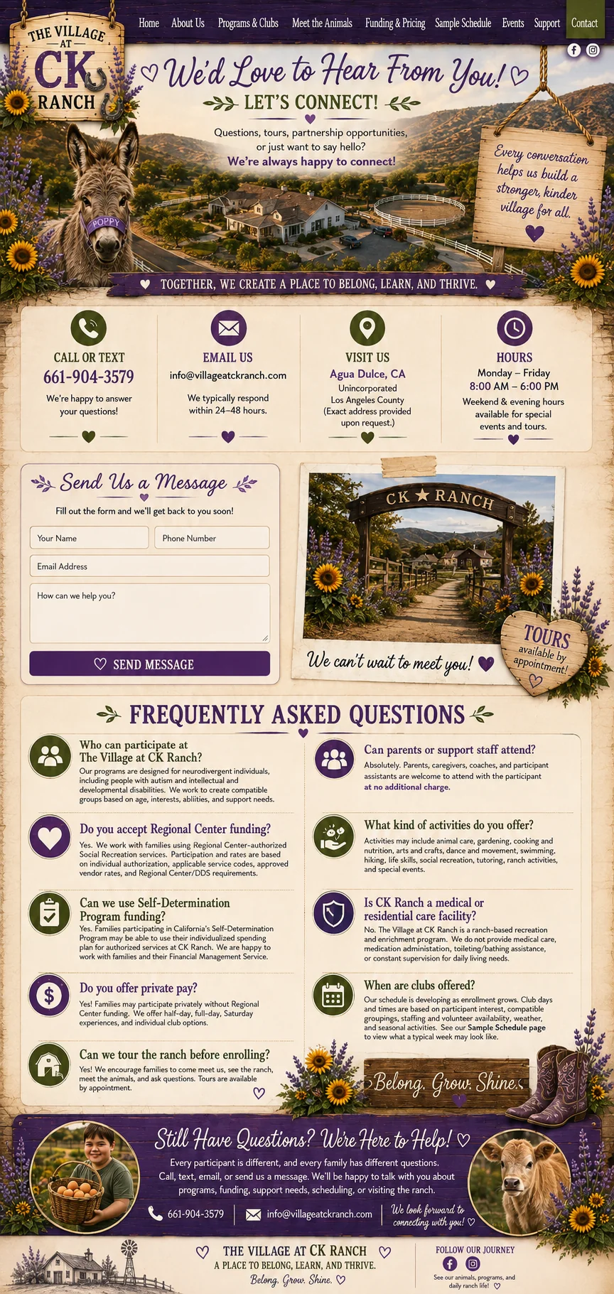 Contact The Village at CK Ranch, including phone, email, location, hours, contact form and frequently asked questions.