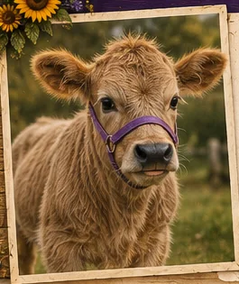 Cinnamon, a small brown mini cow wearing a purple halter