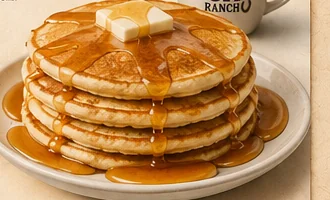 Stack of pancakes served with butter and syrup