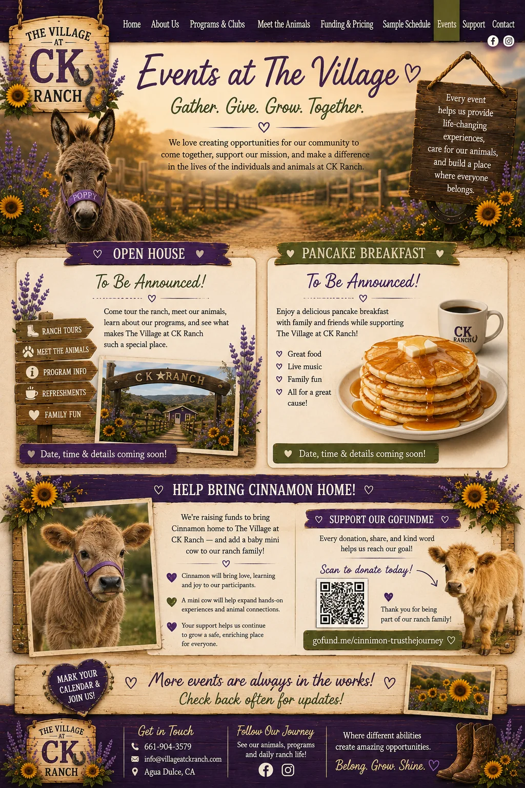 Events at The Village at CK Ranch, featuring an upcoming open house, pancake breakfast and a fundraiser to bring Cinnamon the mini cow home to the ranch.