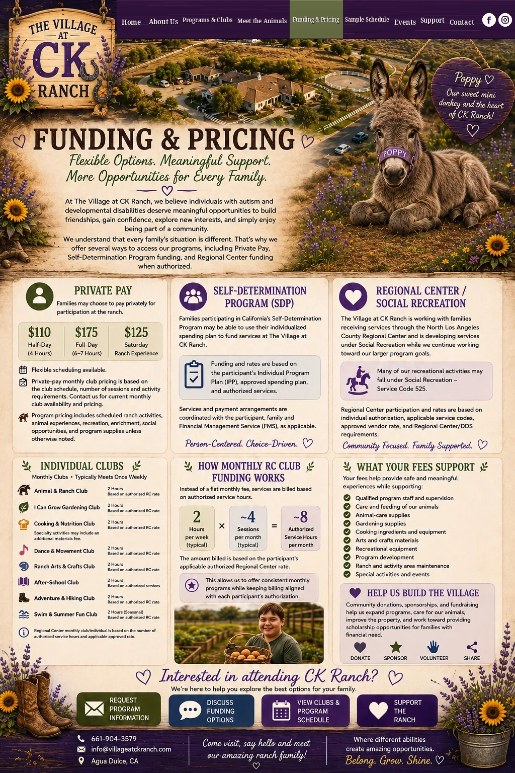 Funding and pricing at The Village at CK Ranch, including private pay, Self-Determination Program funding, Regional Center social recreation, club options and rates.