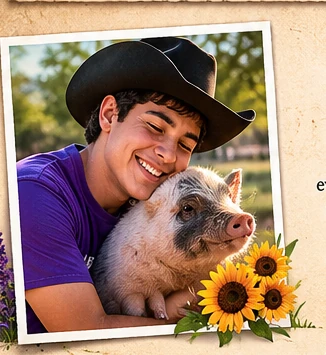 A participant smiling while holding a small pig