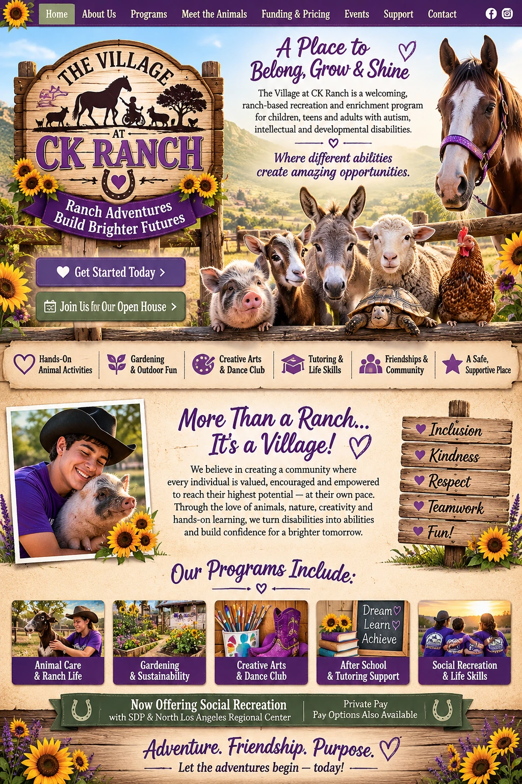 The Village at CK Ranch home page design featuring ranch animals, programs and the message A Place to Belong, Grow and Shine.