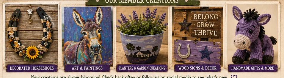 Member creations including decorated horseshoes, paintings, planters, wood signs and handmade gifts