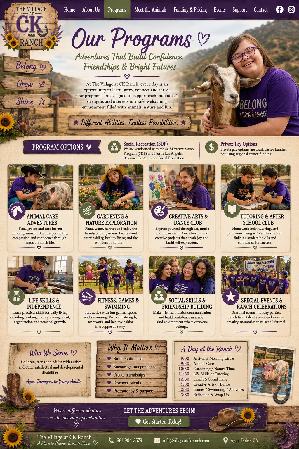 Programs at The Village at CK Ranch, including animal care, gardening, creative arts, tutoring, life skills, fitness, social skills and special events.