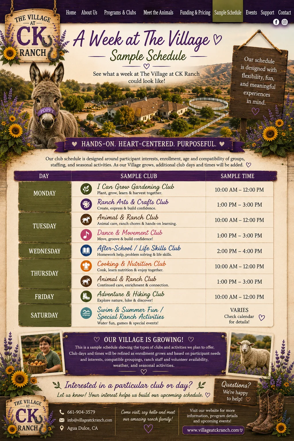 A sample week at The Village at CK Ranch with club days and times from Monday through Saturday.