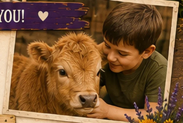 A child spending time with a small cow at the ranch