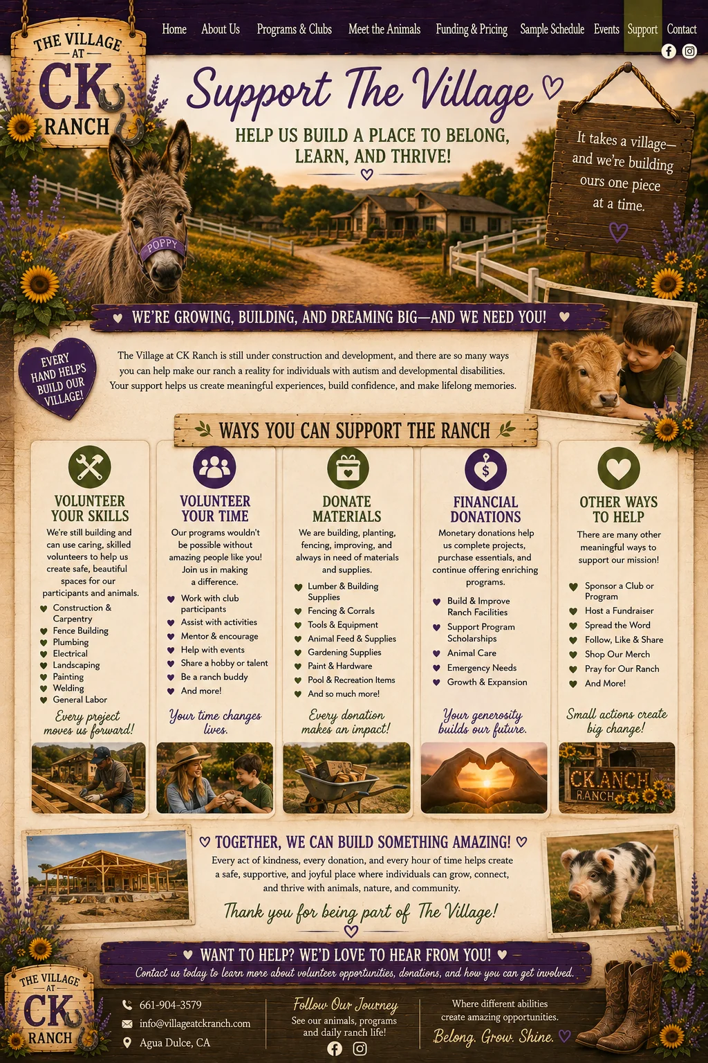 Ways to support The Village at CK Ranch, including skilled volunteering, program volunteering, donated materials, financial donations and community support.